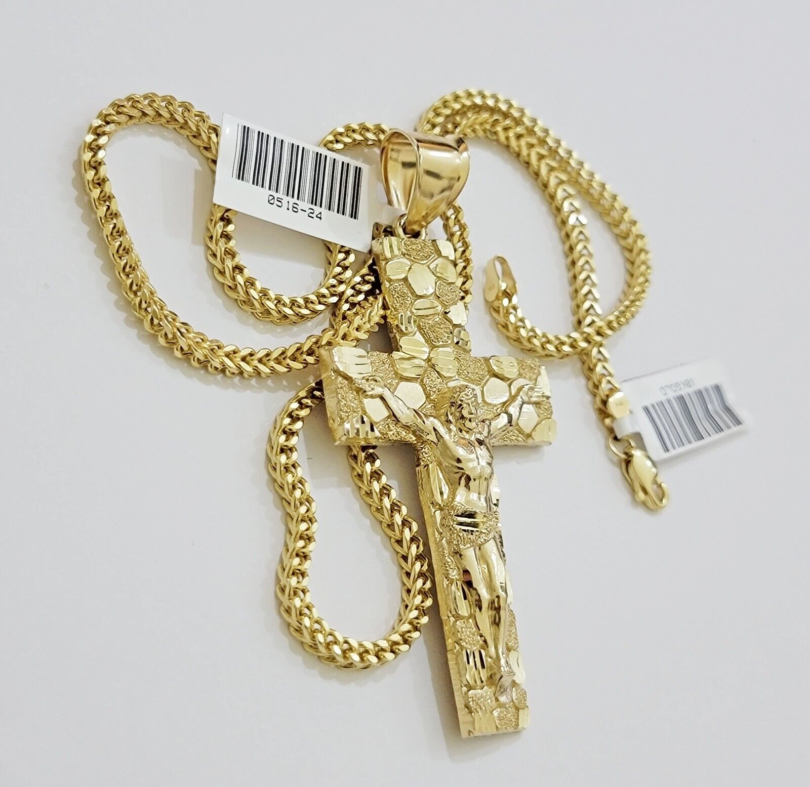 REAL 10k Gold Franco Necklace Nugget Charm Cross Pendant SET 22 Inch 3mm Chain - Reva Jeweler