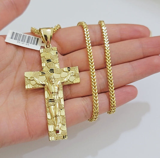 REAL 10k Gold Franco Necklace Nugget Charm Cross Pendant SET 22 Inch 3mm Chain - Reva Jeweler