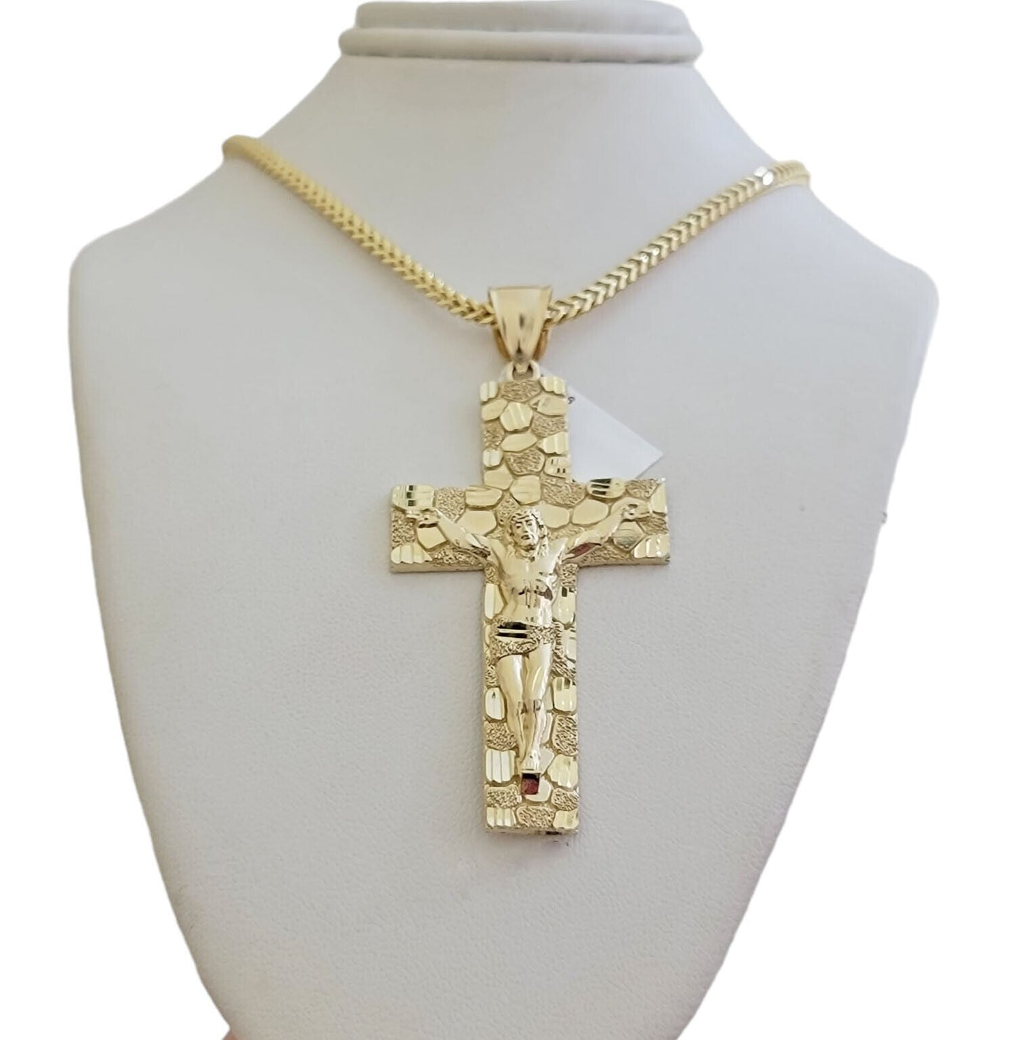 REAL 10k Gold Franco Necklace Nugget Cross Pendant SET 20" - 26 Inch 3mm Chain - Reva Jeweler