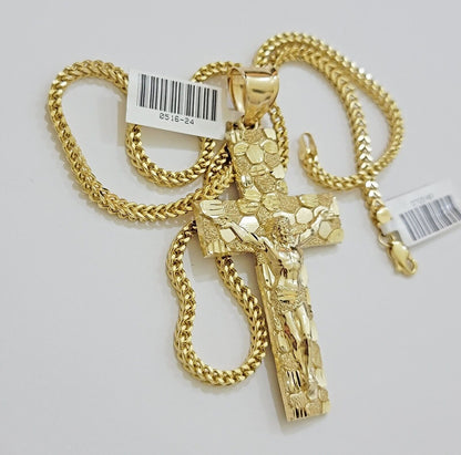 REAL 10k Gold Franco Necklace Nugget Cross Pendant SET 20" - 26 Inch 3mm Chain - Reva Jeweler