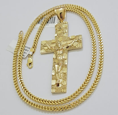 REAL 10k Gold Franco Necklace Nugget Cross Pendant SET 20" - 26 Inch 3mm Chain - Reva Jeweler