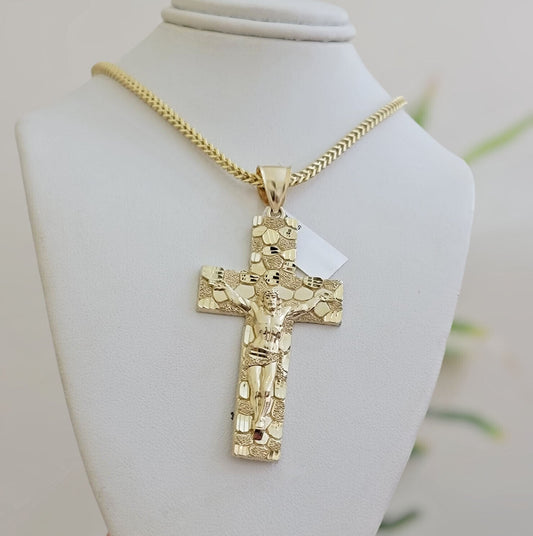 REAL 10k Gold Franco Necklace Nugget Cross Pendant SET 20" Inch 3mm Chain - Reva Jeweler