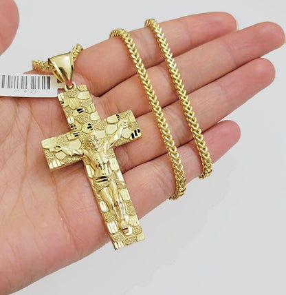 REAL 10k Gold Franco Necklace Nugget Cross Pendant SET 20" Inch 3mm Chain - Reva Jeweler