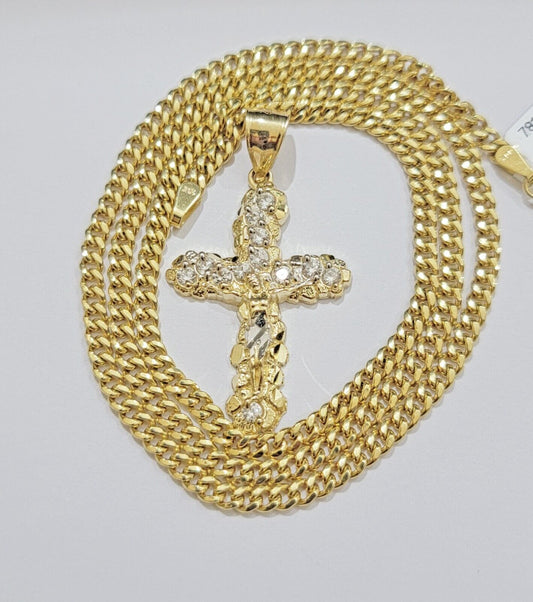 Real 10k Gold Jesus Cross Charm Chain Set Miami Cuban Link Necklace 2.5mm 18 - 26" - Reva Jeweler