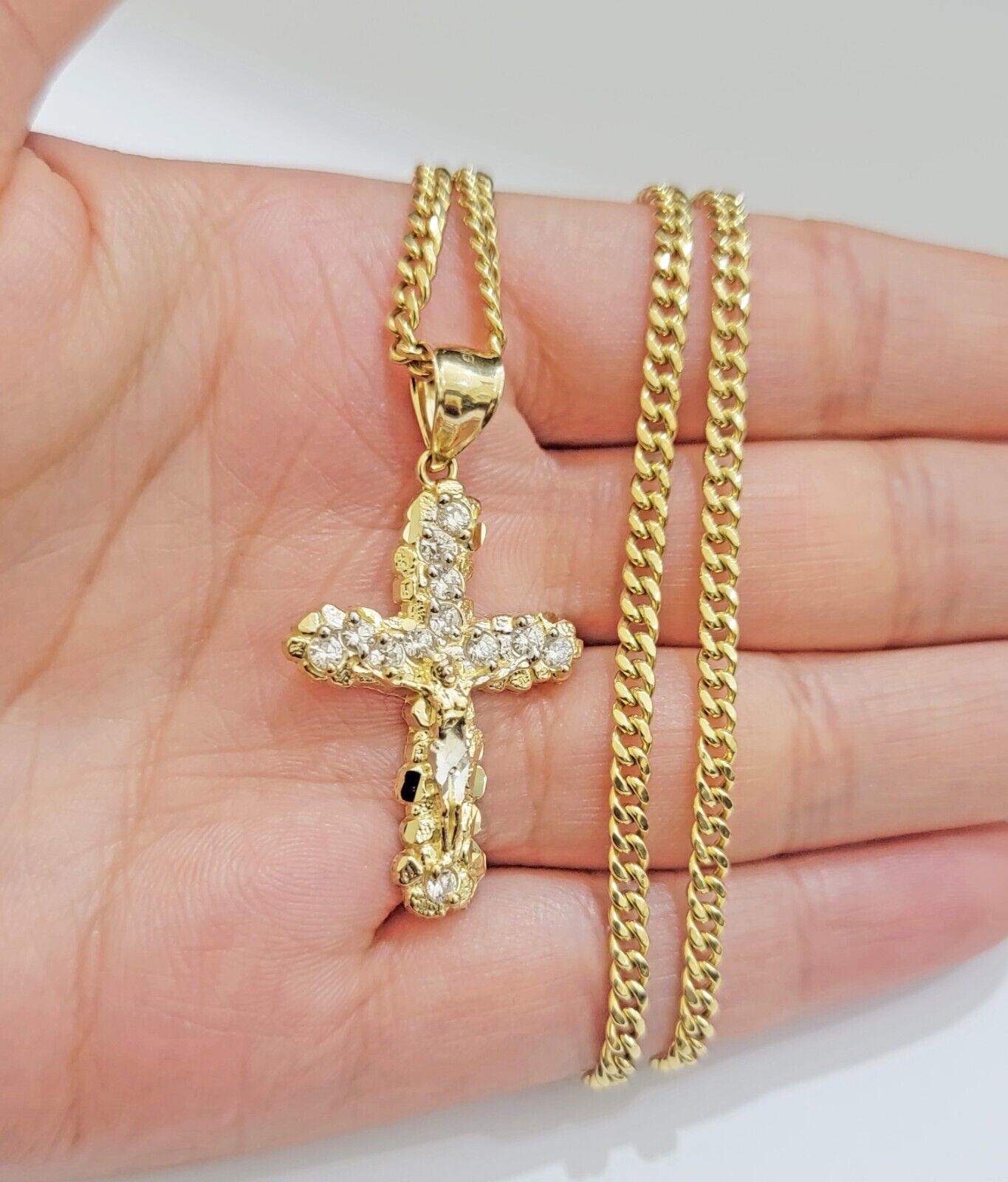 Real 10k Gold Jesus Cross Charm Chain Set Miami Cuban Link Necklace 2.5mm 18 - 26" - Reva Jeweler