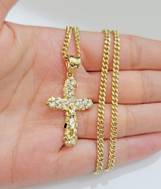 Real 10k Gold Jesus Cross Charm Chain Set Miami Cuban Link Necklace 2.5mm 18 - 26" - Reva Jeweler