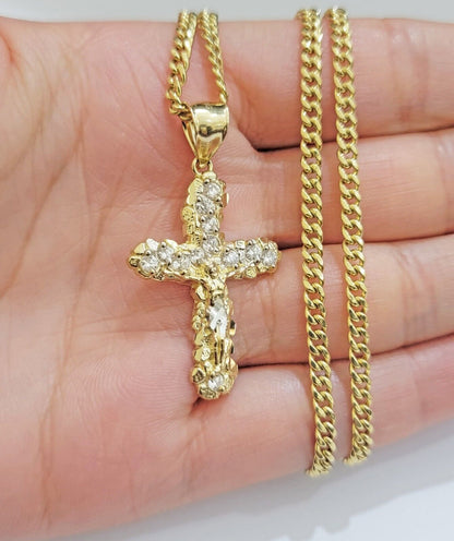 Real 10k Gold Jesus Cross Charm Chain Set Miami Cuban Link Necklace 2.5mm 18 - 26" - Reva Jeweler