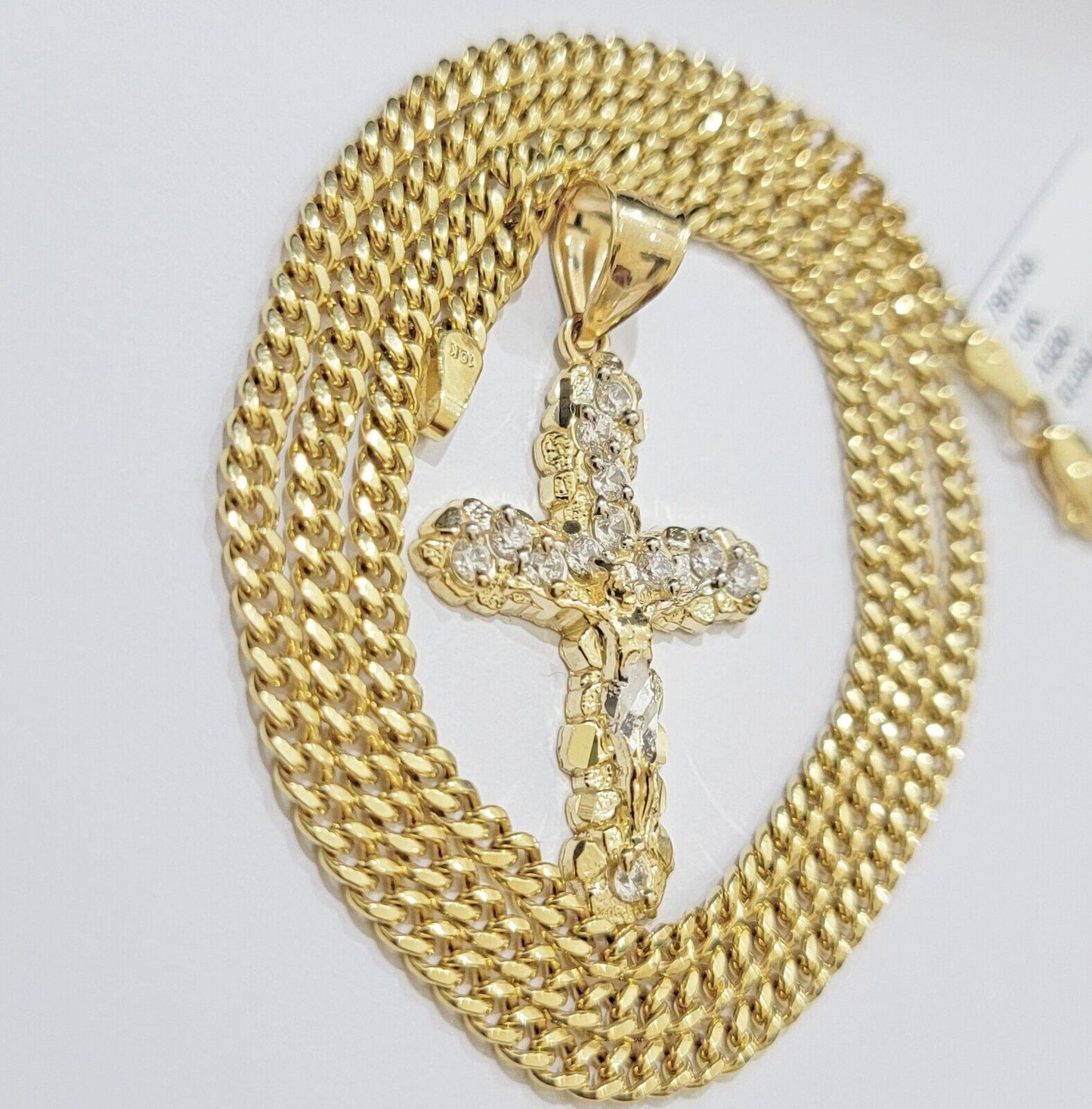 Real 10k Gold Jesus Cross Charm Chain Set Miami Cuban Link Necklace 2.5mm 18 - 26" - Reva Jeweler
