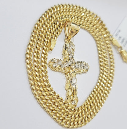 Real 10k Gold Jesus Cross Charm Chain Set Miami Cuban Link Necklace 2.5mm 18 - 26" - Reva Jeweler