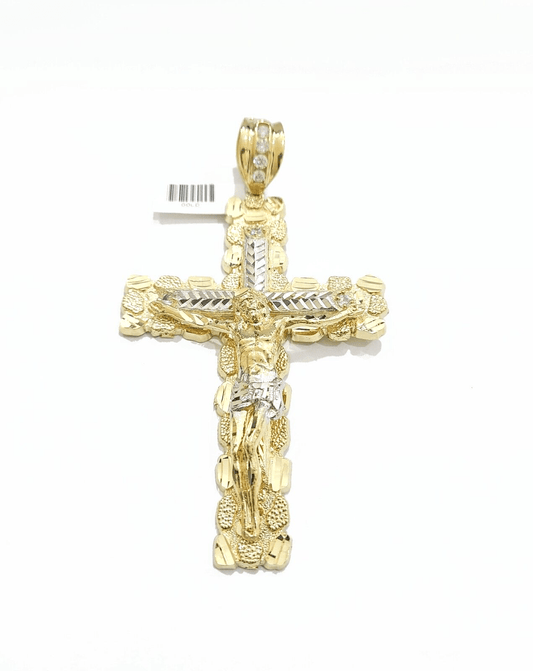 Real 10k Gold Jesus Cross Charm Pendant 3.5'' Inch 10KT Yellow Gold - GoldenlinQ