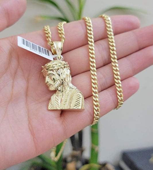 Real 10k Gold Jesus Head Charm Pendant Cuban Link Chain 4mm 24 Inch Necklace SET - Reva Jeweler