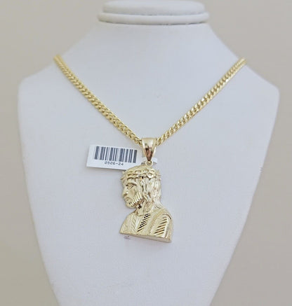 Real 10k Gold Jesus Heard Charm Pendant &Miami Cuban Link Chain 4mm Necklace SET - Reva Jeweler