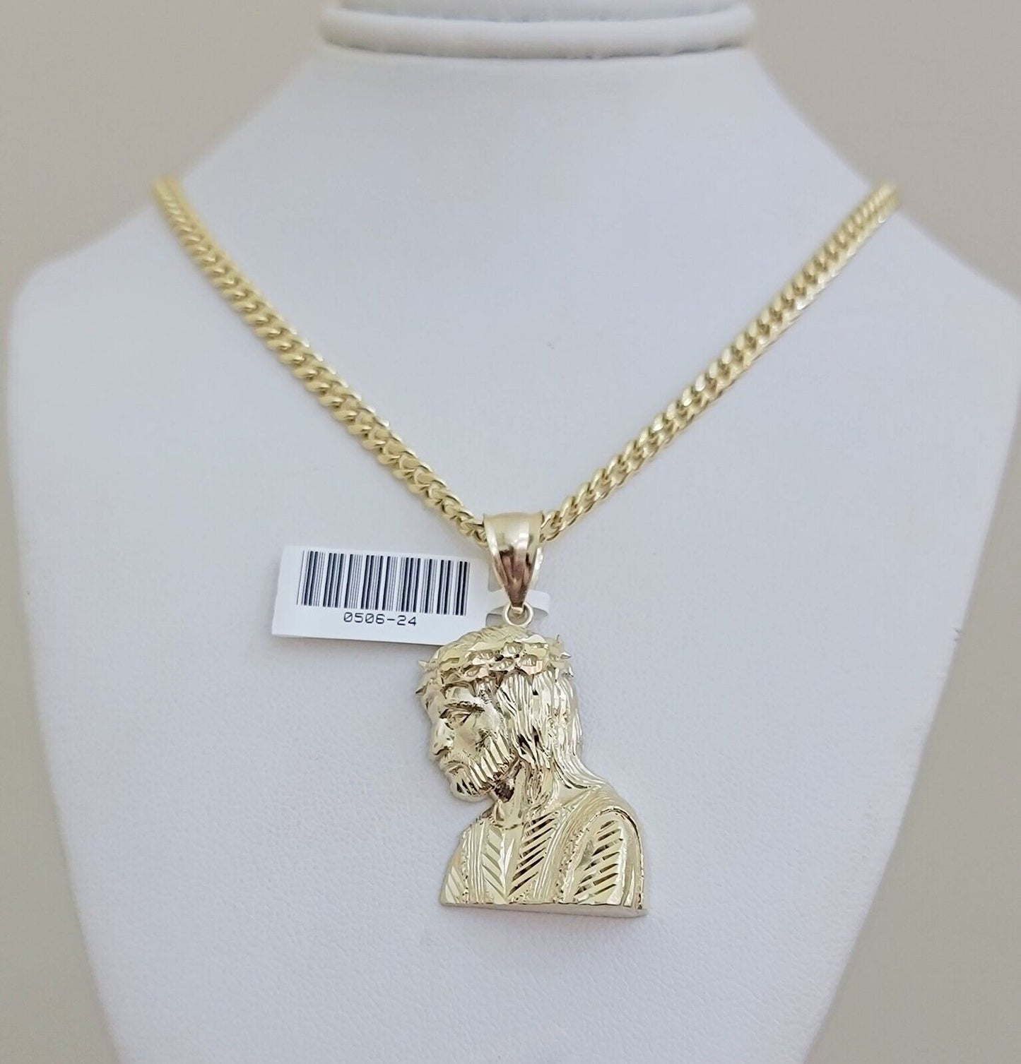 Real 10k Gold Jesus Heard Charm Pendant &Miami Cuban Link Chain 4mm Necklace SET - Reva Jeweler