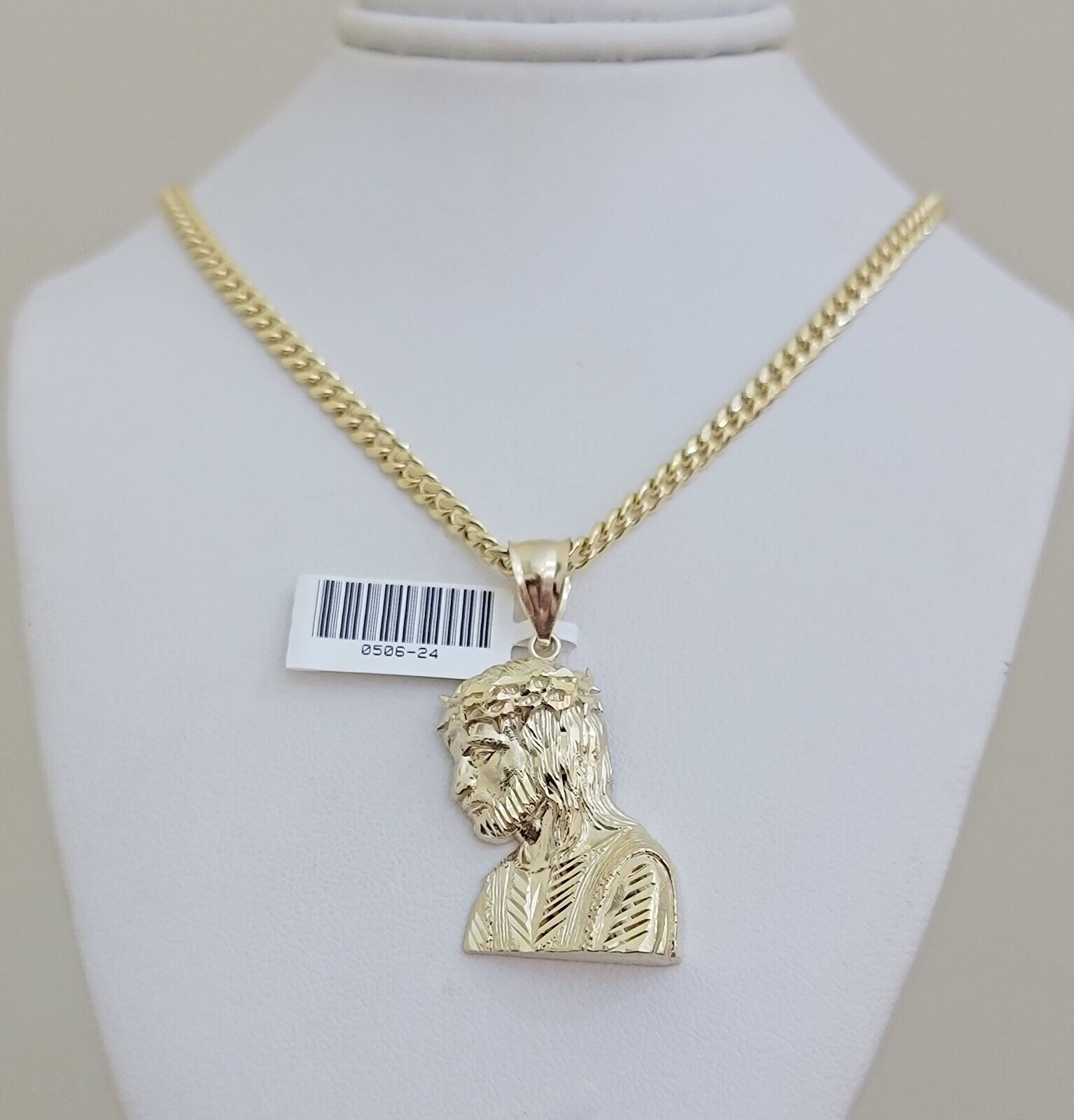 Real 10k Gold Jesus Heard Charm Pendant &Miami Cuban Link Chain 4mm Necklace SET - Reva Jeweler