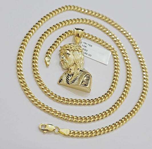 Real 10k Gold Jesus Heard Charm Pendant &Miami Cuban Link Chain 4mm Necklace SET - Reva Jeweler