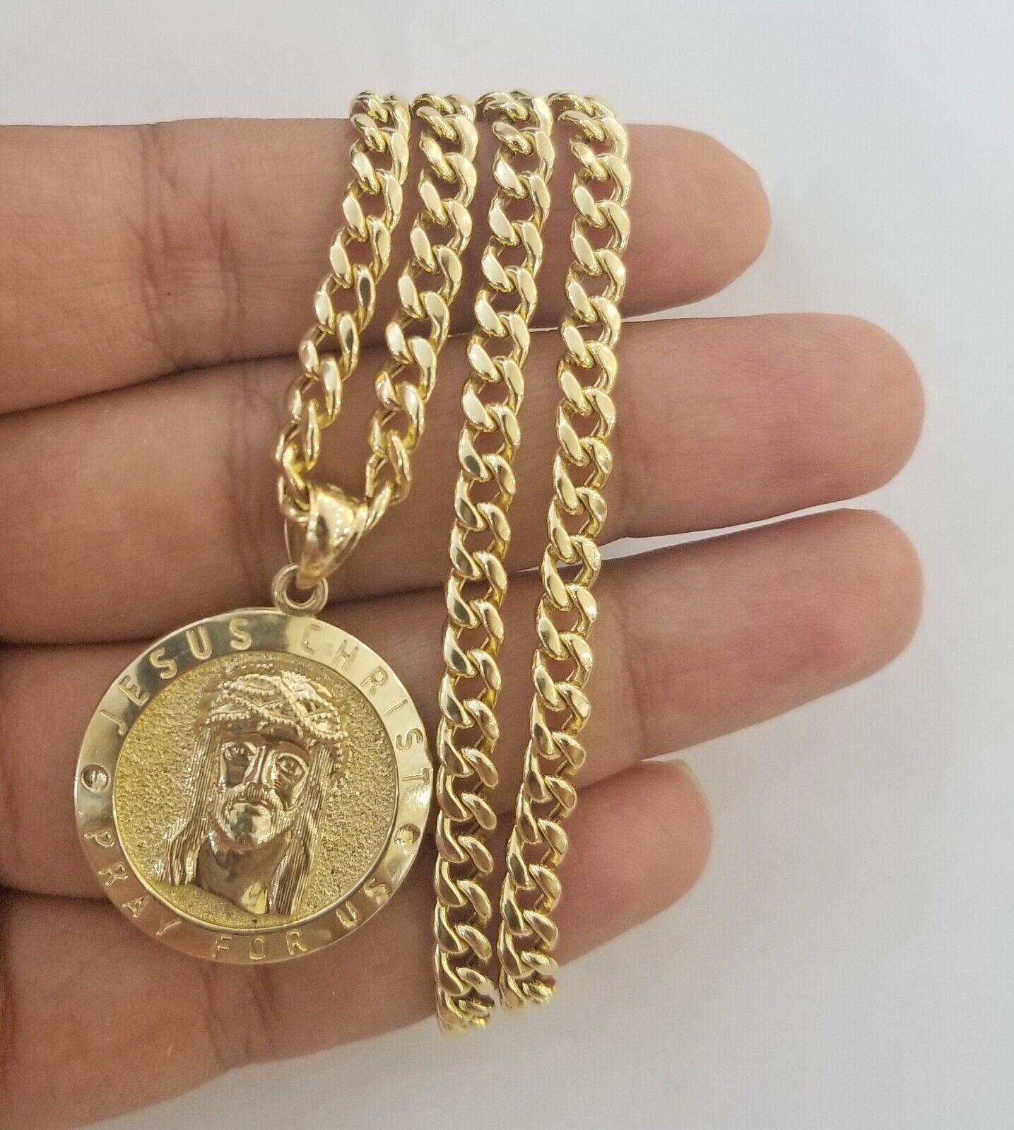 Real 10k Gold Jesus Pendant Miami Cuban link Chain 4mm 20" Set Round - Reva Jeweler