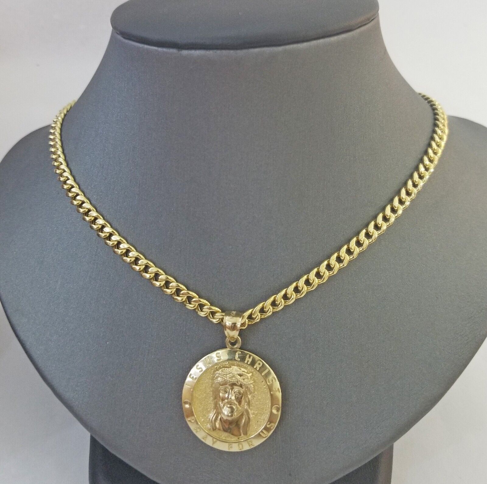 Real 10k Gold Jesus Pendant Miami Cuban link Chain 4mm 20" Set Round - Reva Jeweler