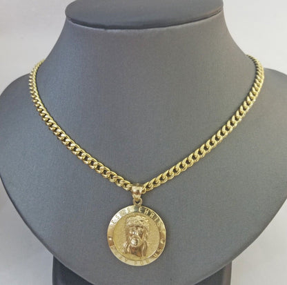 Real 10k Gold Jesus Pendant Miami Cuban link Chain 4mm 20" Set Round - Reva Jeweler