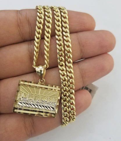 Real 10k Gold Last Supper Charm Chain Miami Cuban Link Necklace 4mm 24 Inch SET - Reva Jeweler