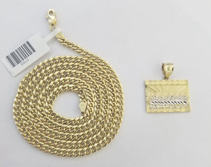 Real 10k Gold Last Supper Charm Chain Miami Cuban Link Necklace 4mm 24 Inch SET - Reva Jeweler