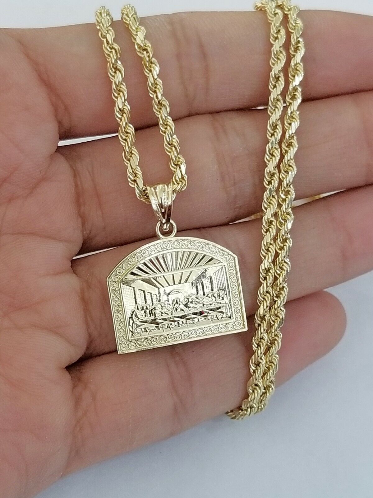 Real 10k Gold Last supper Charm Rope 2.5mm Chain Pendant ,18 20 22 24 26 28 Inch - Reva Jeweler