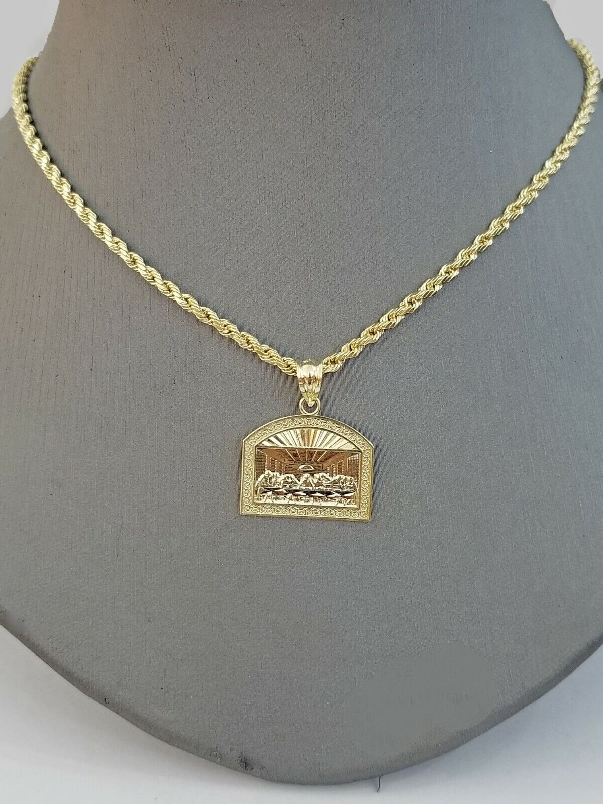 Real 10k Gold Last supper Charm Rope 2.5mm Chain Pendant ,18 20 22 24 26 28 Inch - Reva Jeweler