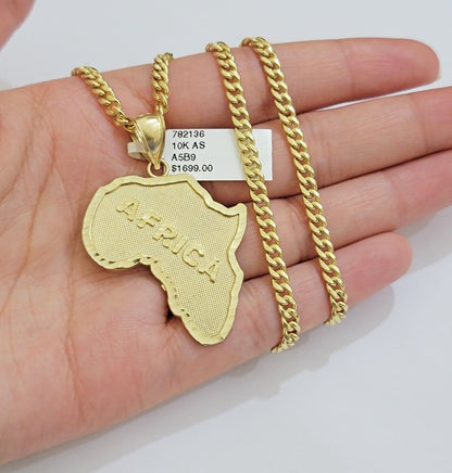 Real 10k Gold Map Charm & Miami Cuban Link Chain Necklace SET 4mm 26Inch Pendant - Reva Jeweler