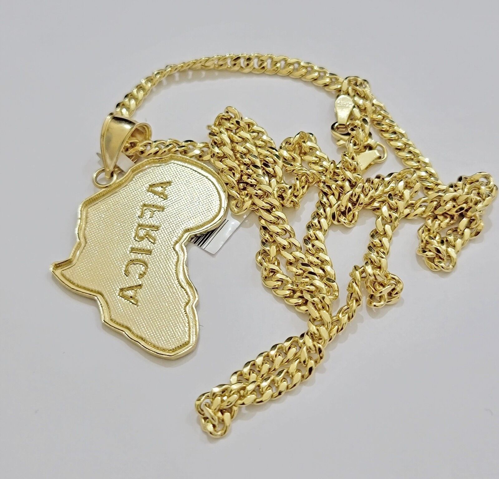 Real 10k Gold Map Charm & Miami Cuban Link Chain Necklace SET 4mm 26Inch Pendant - Reva Jeweler