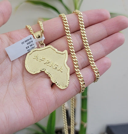 Real 10k Gold Map Charm & Miami Cuban Link Chain Necklace SET 4mm 26Inch Pendant - Reva Jeweler