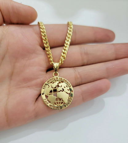 Real 10k Gold Miami Cuban 24" Chain Pendant Set 3.5mm Necklace World Map Charm - Reva Jeweler