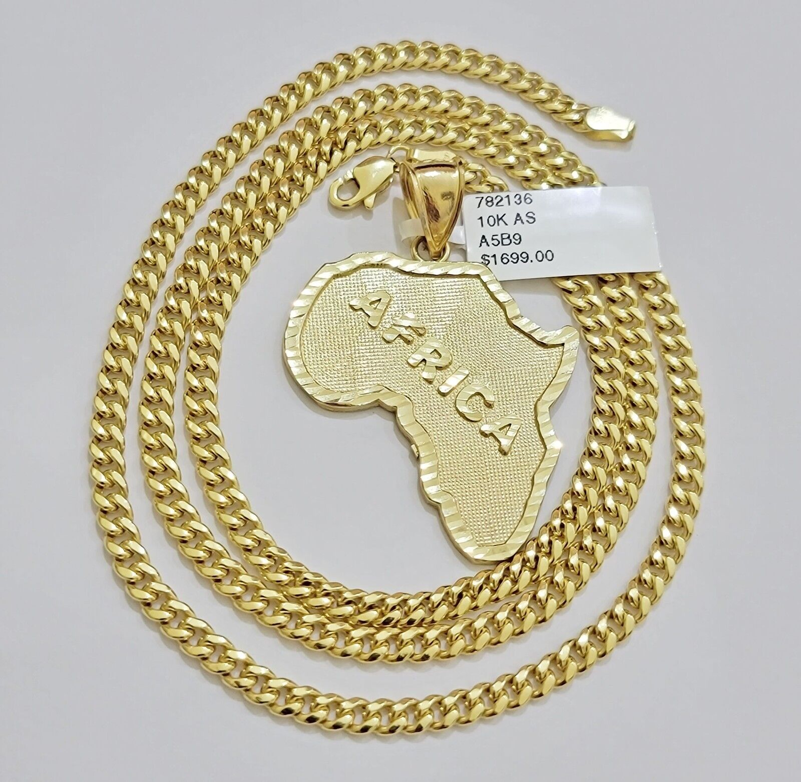 Real 10k Gold Miami Cuban Link Chain Necklace 4mm Africa Continent Charm Pendant - Reva Jeweler