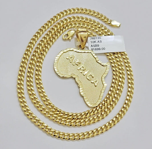 Real 10k Gold Miami Cuban Link Chain Necklace 4mm Africa Continent Charm Pendant - Reva Jeweler