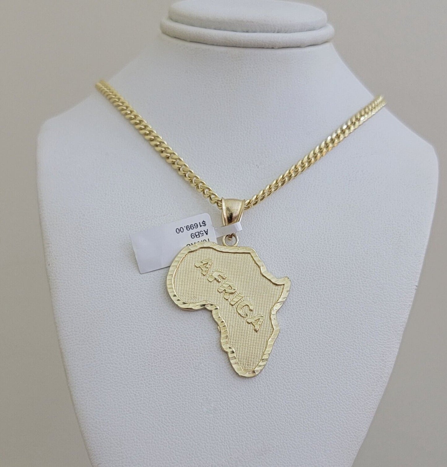 Real 10k Gold Miami Cuban Link Chain Necklace 4mm Africa Continent Charm Pendant - Reva Jeweler