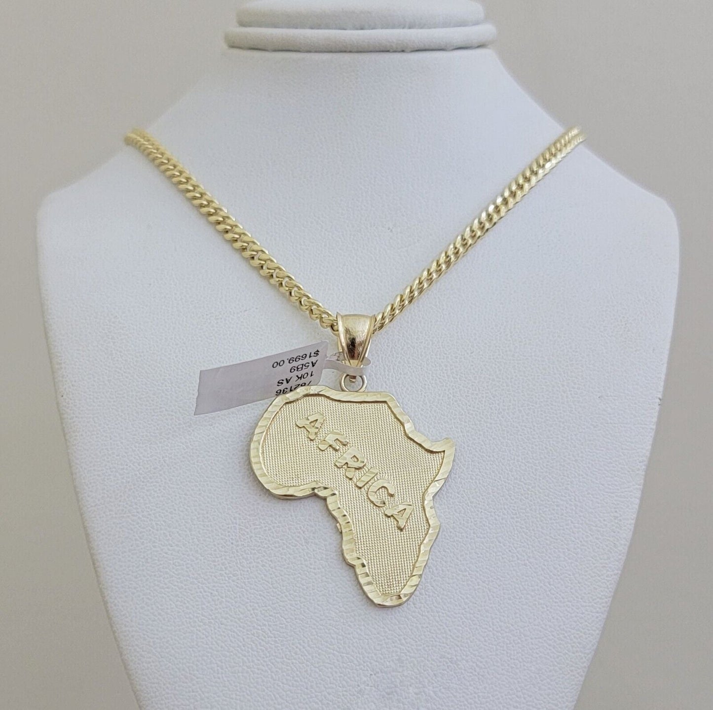 Real 10k Gold Miami Cuban Link Chain Necklace 4mm Africa Continent Charm Pendant - Reva Jeweler