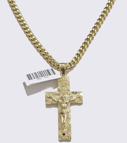 REAL 10k Gold Miami Cuban link Chain Pendant Nugget Charm & 5mm 22Inch Necklace - Reva Jeweler