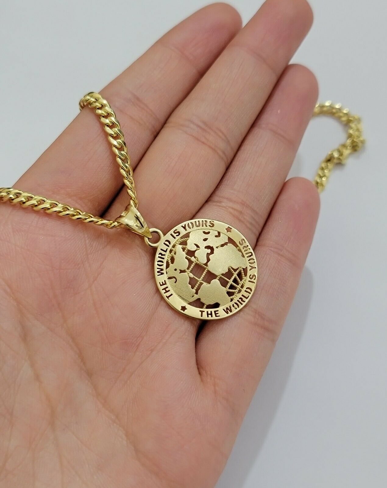Real 10k Gold Miami Cuban Link Chain Pendant Set 3.5mm Necklace World Map Charm - Reva Jeweler