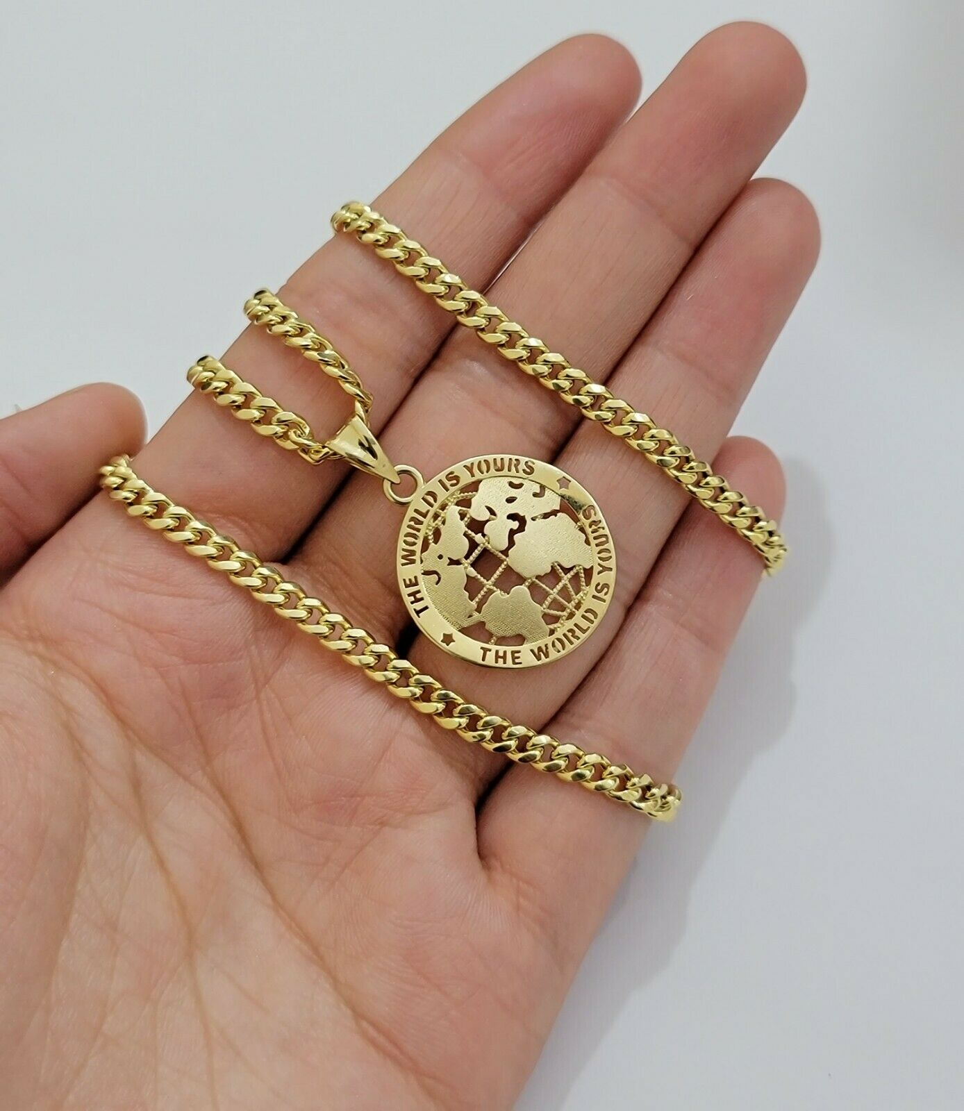 Real 10k Gold Miami Cuban Link Chain Pendant Set 3.5mm Necklace World Map Charm - Reva Jeweler