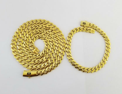 Real 10k Gold Miami Cuban Link Royal 8mm Monaco chain and Bracelet Set - Reva Jeweler