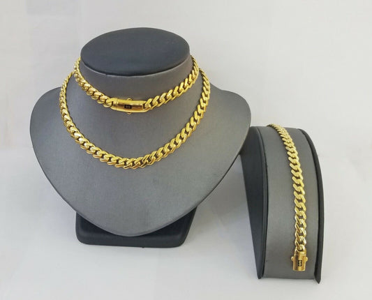 Real 10k Gold Miami Cuban Link Royal 8mm Monaco chain and Bracelet Set - Reva Jeweler