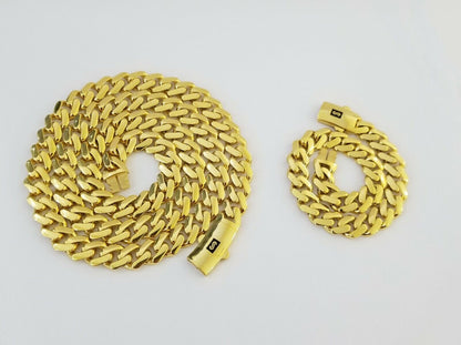 Real 10k Gold Miami Cuban Link Royal 9mm Monaco chain and Bracelet Set ,Necklace - Reva Jeweler