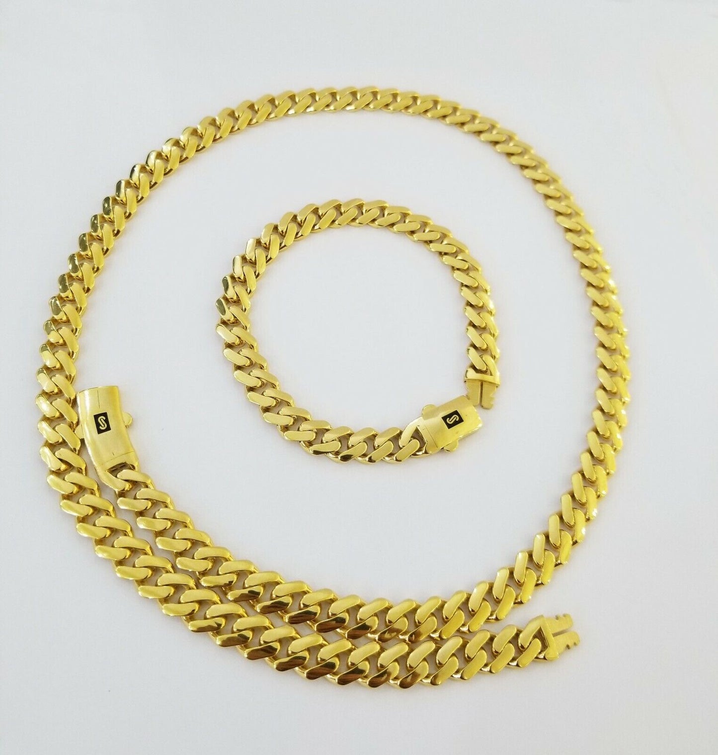 Real 10k Gold Miami Cuban Link Royal 9mm Monaco chain and Bracelet Set ,Necklace - Reva Jeweler