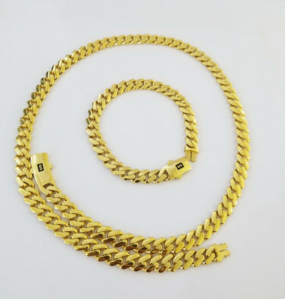 Real 10k Gold Miami Cuban Link Royal 9mm Monaco chain and Bracelet Set ,Necklace - Reva Jeweler