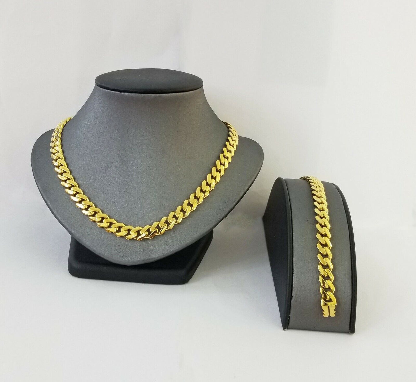 Real 10k Gold Miami Cuban Link Royal 9mm Monaco chain and Bracelet Set ,Necklace - Reva Jeweler
