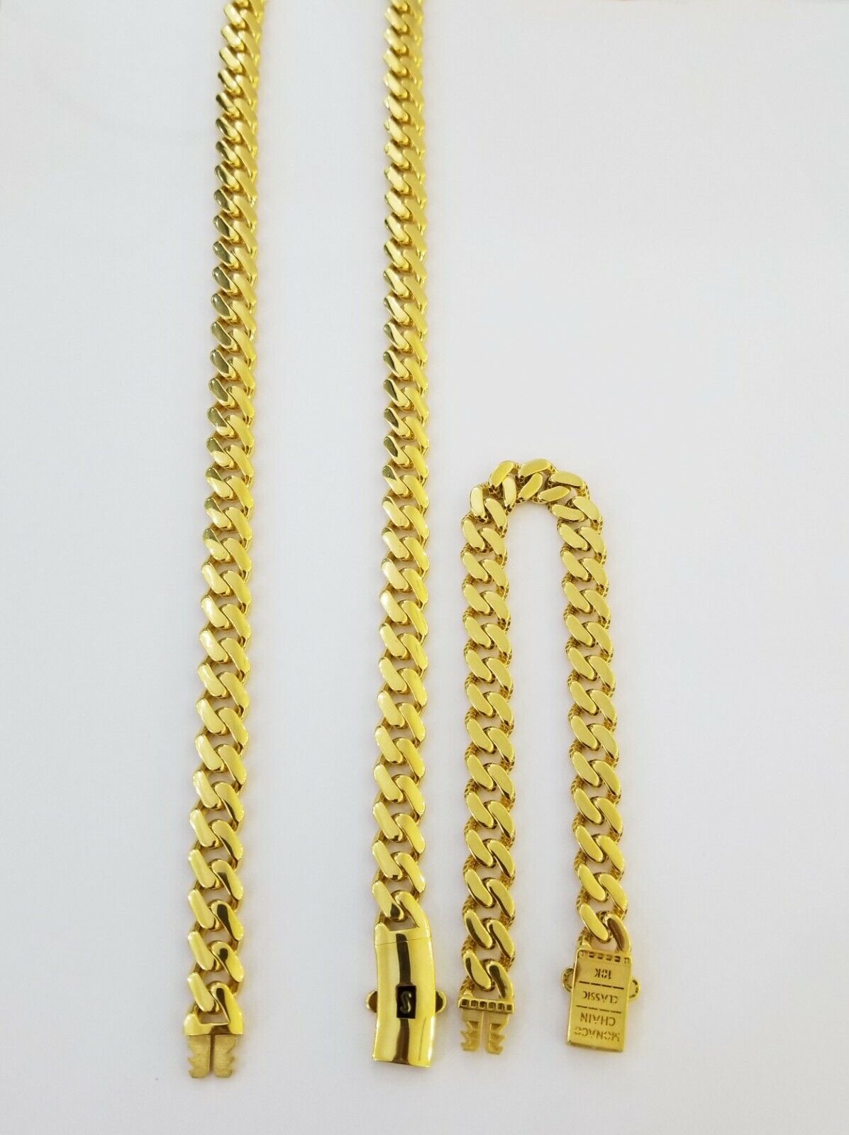 Real 10k Gold Miami Cuban Link Royal 9mm Monaco chain and Bracelet Set ,Necklace - Reva Jeweler