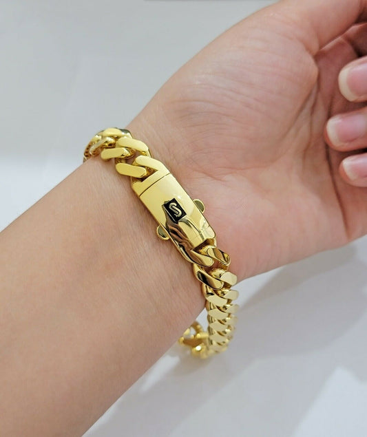 Real 10k Gold Miami Cuban Royal Link Bracelet 11mm 9" Shiny Plain Monaco, 10kt - Reva Jeweler