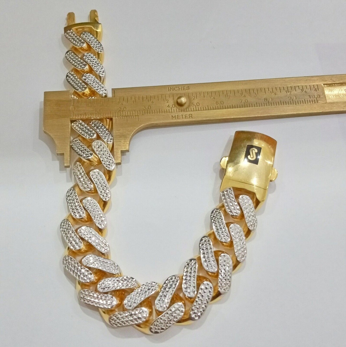 Real 10k Gold Monaco Bracelet 17mm 9" Two - tone Diamond Cut 10kt Royal Cuban link - Reva Jeweler