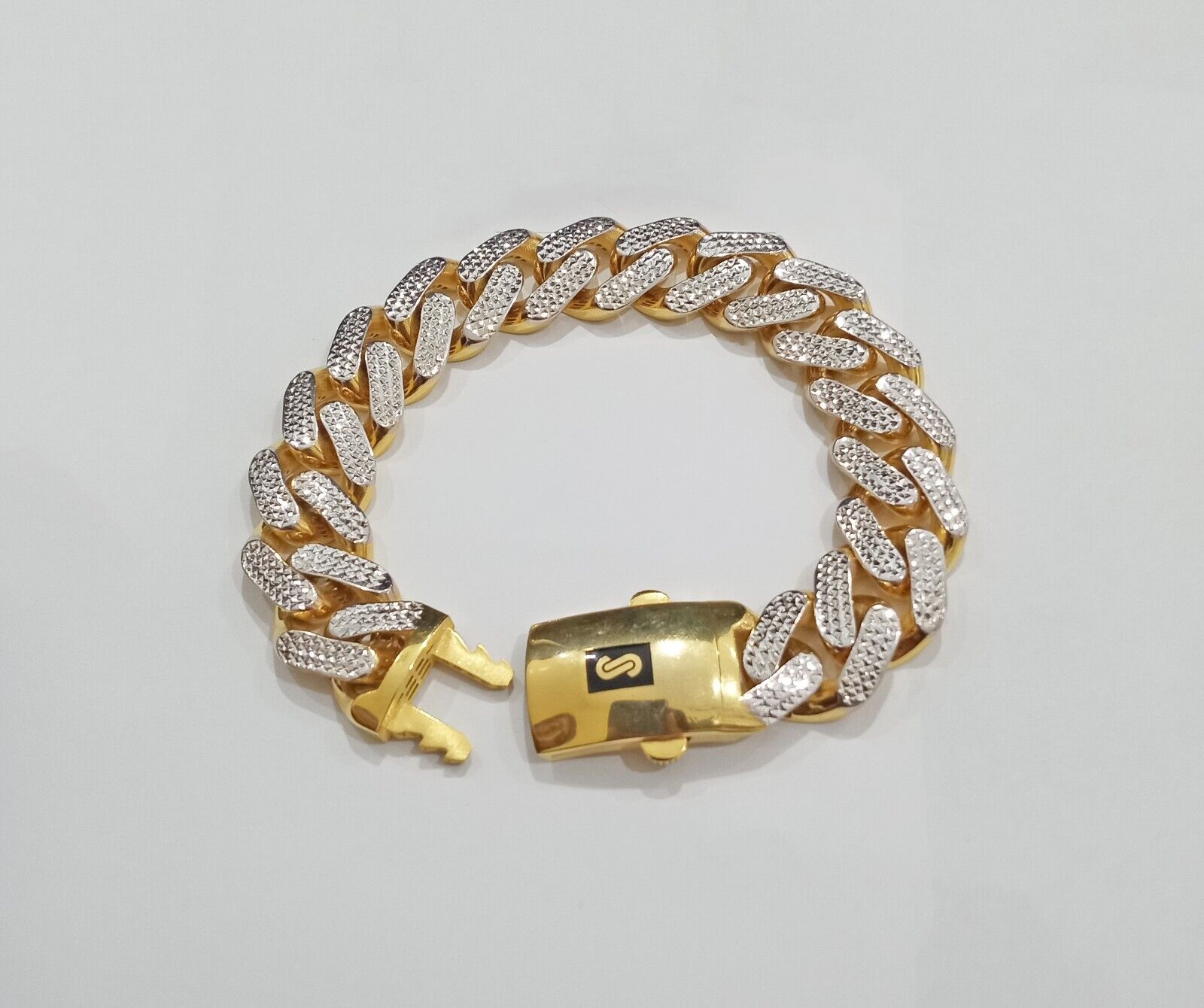 Real 10k Gold Monaco Bracelet 17mm 9" Two - tone Diamond Cut 10kt Royal Cuban link - Reva Jeweler