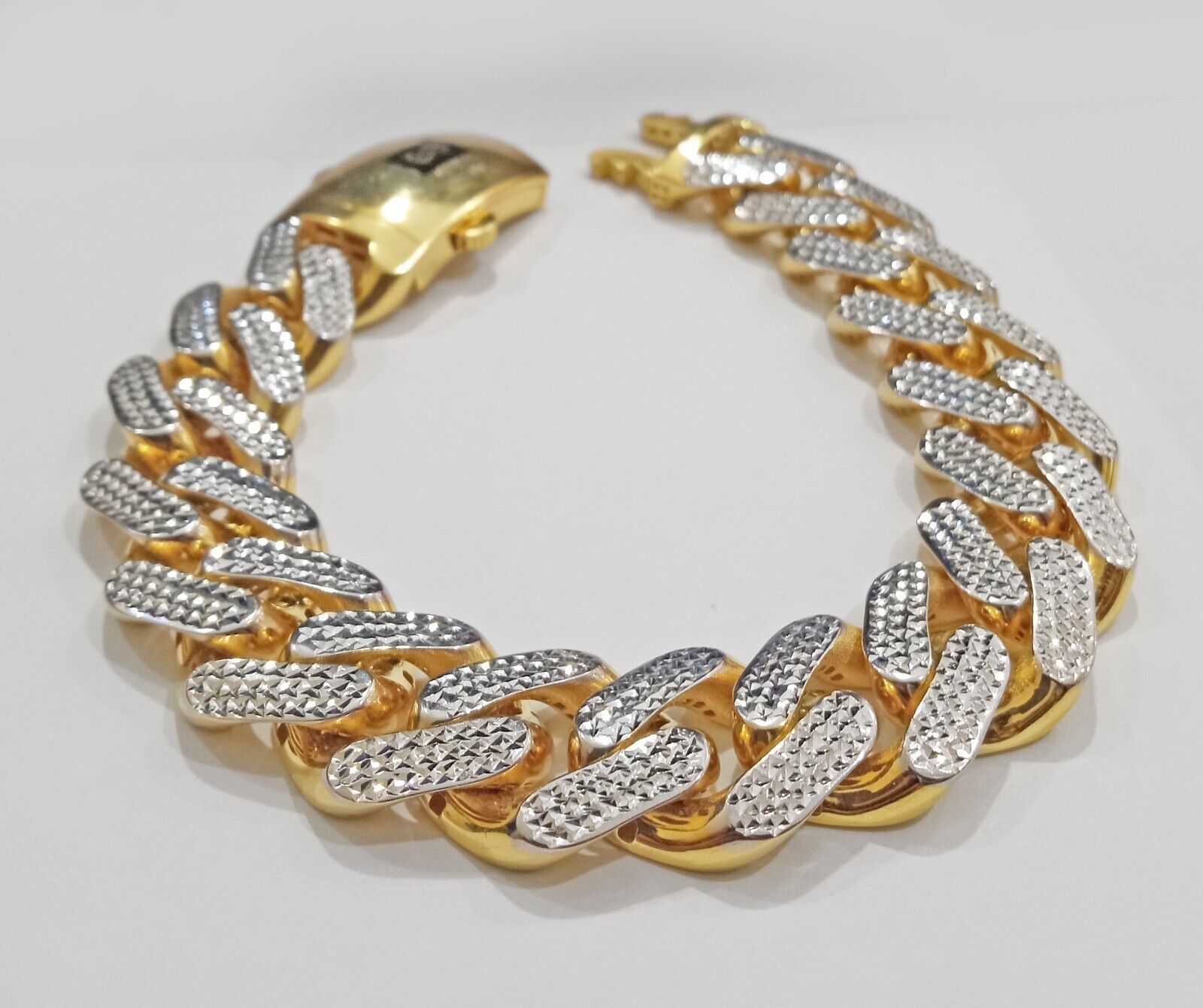 Real 10k Gold Monaco Bracelet 17mm 9" Two - tone Diamond Cut 10kt Royal Cuban link - Reva Jeweler