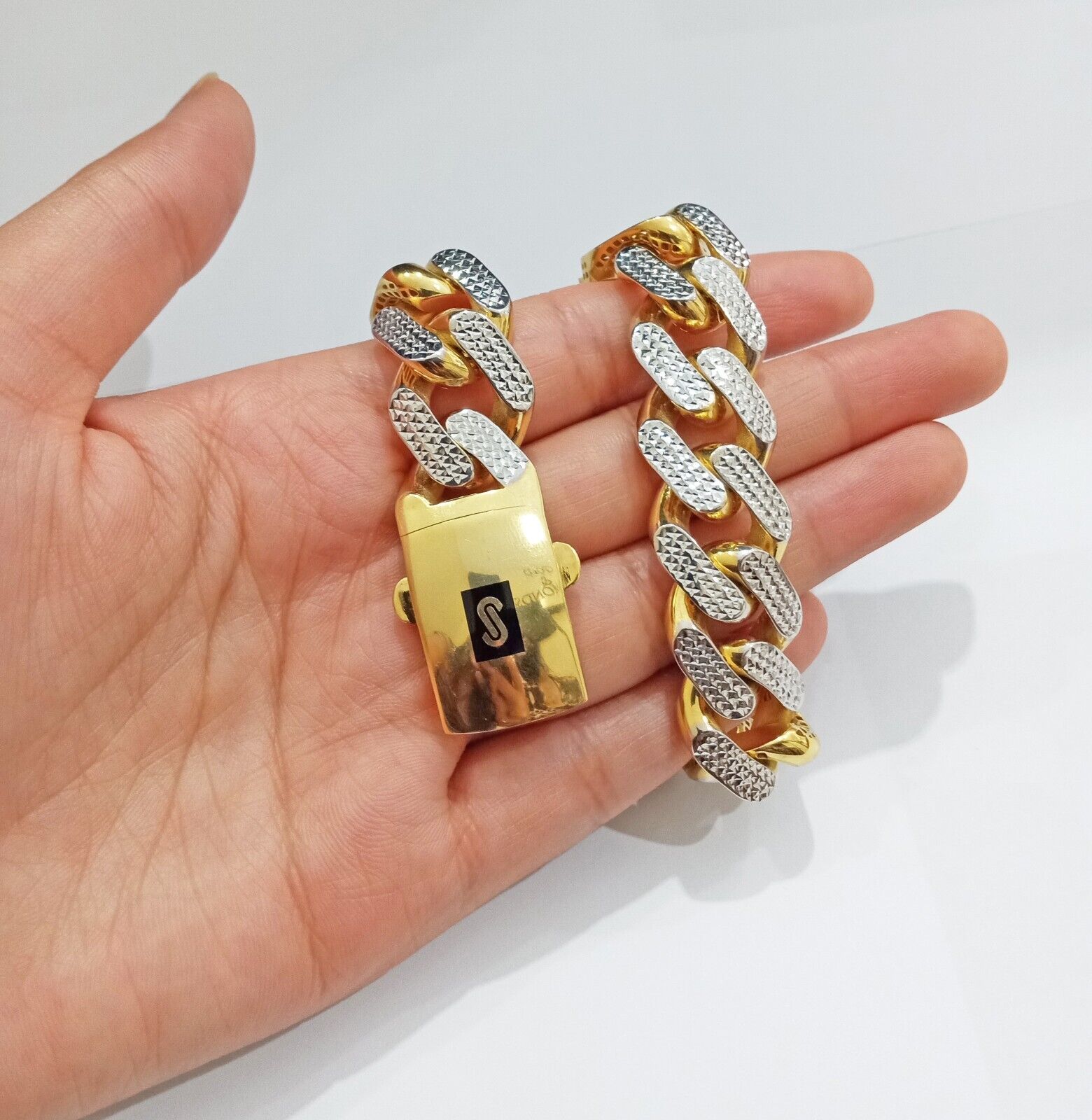 Real 10k Gold Monaco Bracelet 17mm Royal Cuban link 8" Two - tone Diamond Cut 10kt - Reva Jeweler