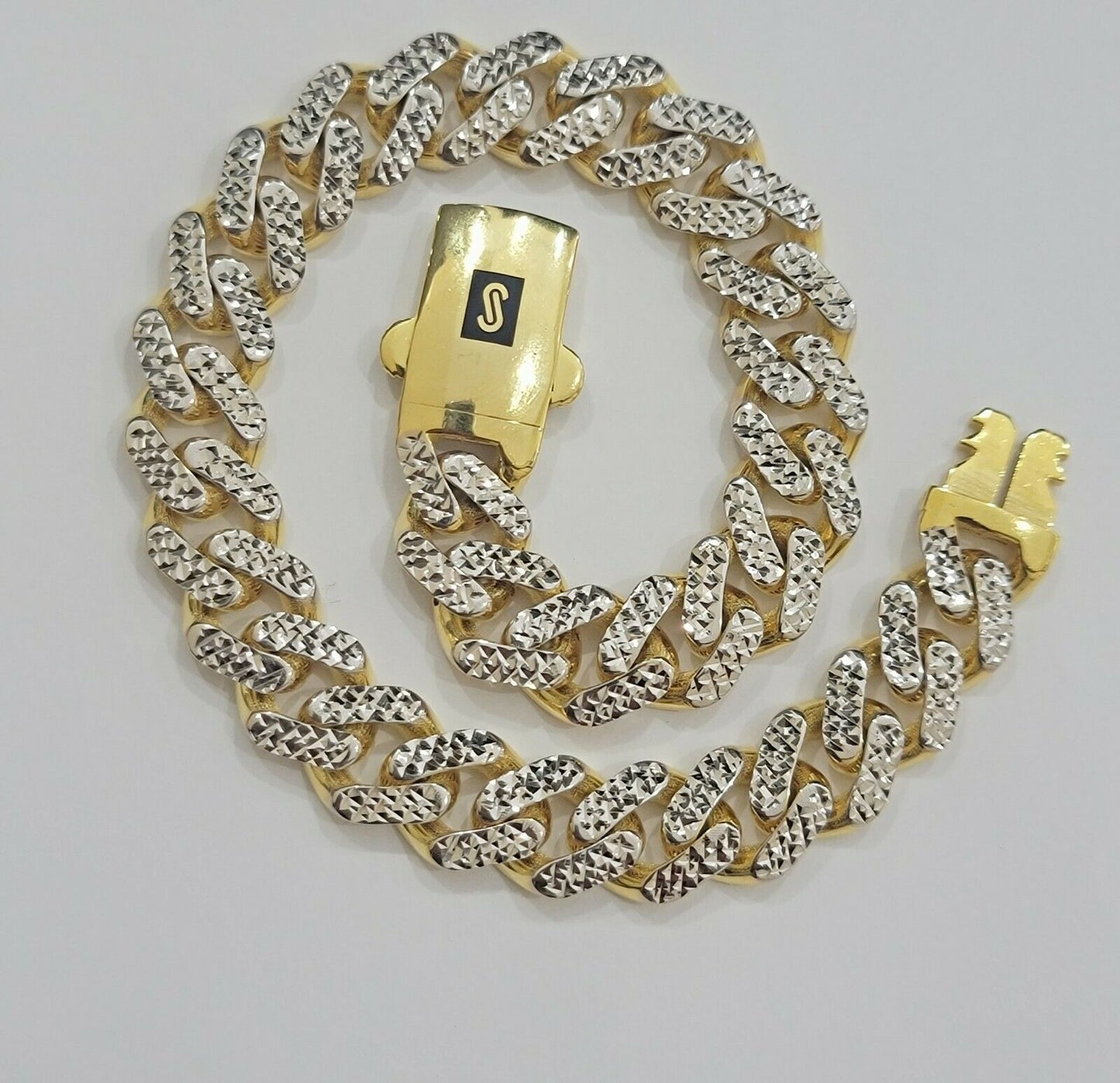 Real 10k Gold Monaco Bracelet 9mm 8" Two - tone Diamond Cut 10kt Gold SALE, mens - Reva Jeweler